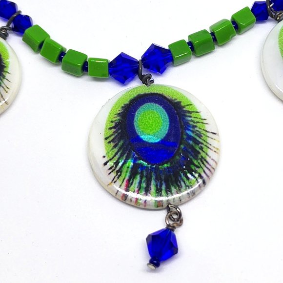 Vintage Peacock Blue Green MOP Handmade One of a Kind Necklace Earrings Set - Picture 4 of 8